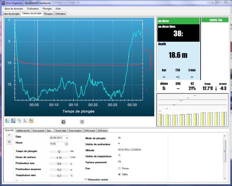 20 mai 2013 - Courbe de la première plongée en autonomie